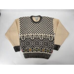 SML Sport Vintage Hand Knitted Fair Isle Sweater Mens Medium Cream Gray Wool